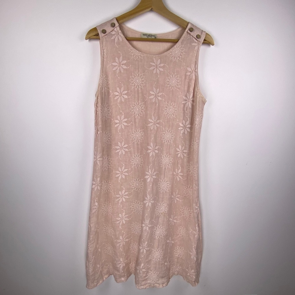 Terzo Millennio Linen Dress Womens M Pink Floral Embroidered Italy Boho Cottage